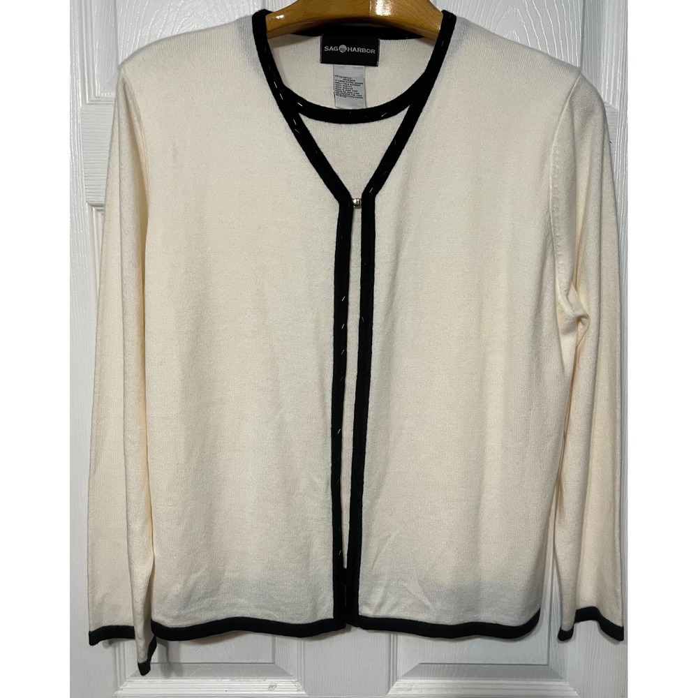 Sag Harbor Womens‎ Cream Black Trim V Neck Long Sleeve Cardigan Sweater XL